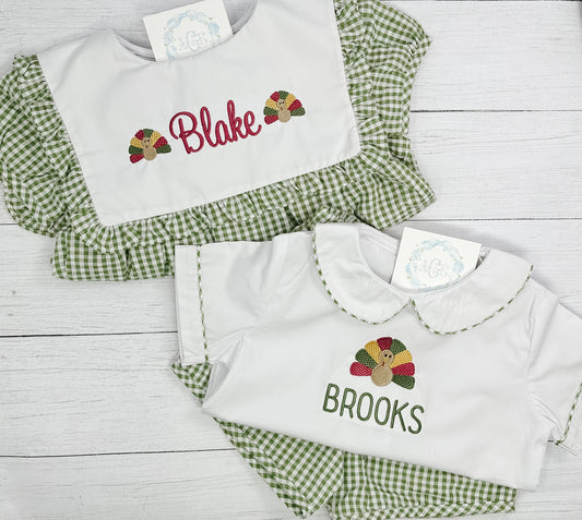 Mini turkey with name (pocket placement)- solid white tees