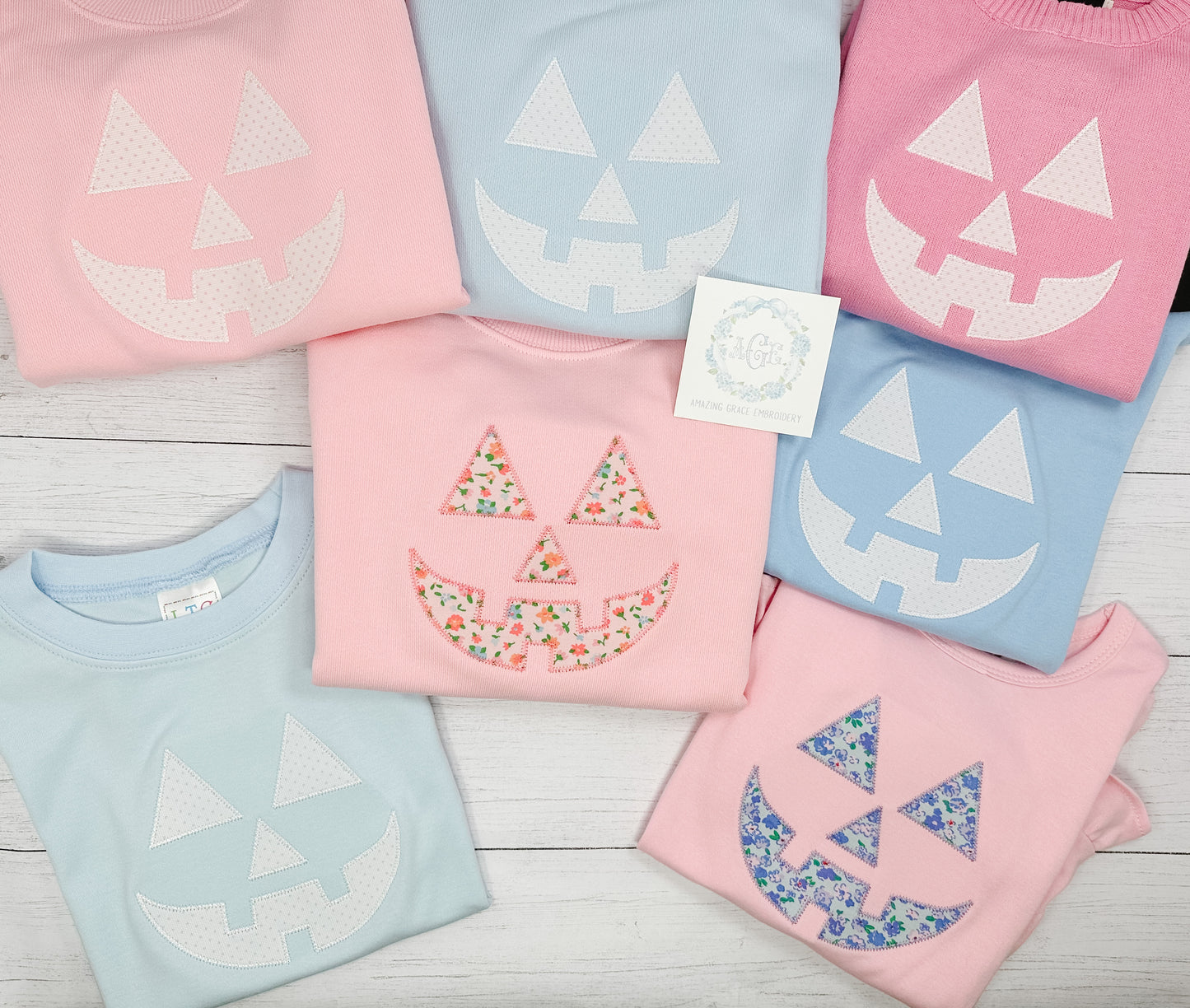 Top left: light pink bitty fabric
Top middle: light blue bitty fabric
Center: fall floral fabric
Bottom right: mabelton minnie fabric