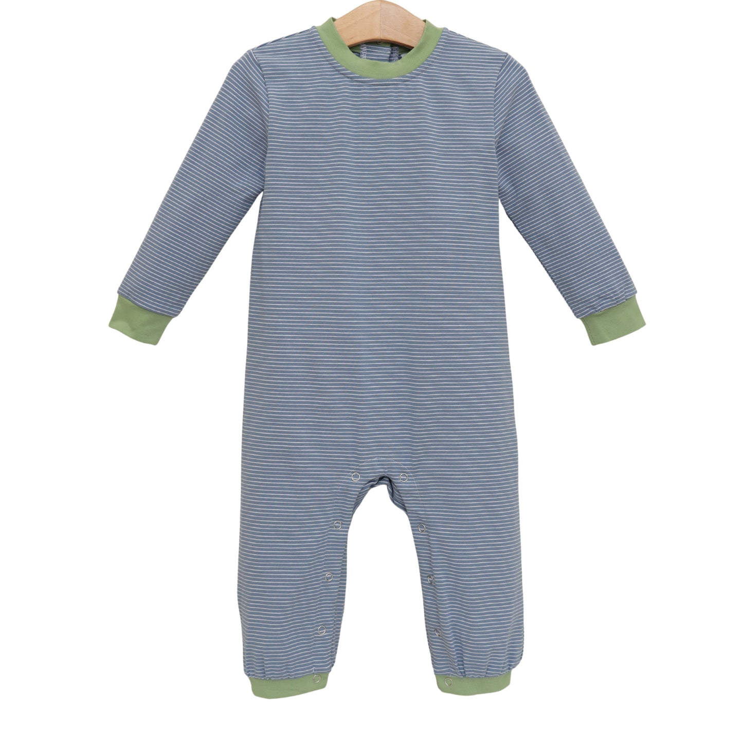 Thomas Romper - dusty blue stripe/sage