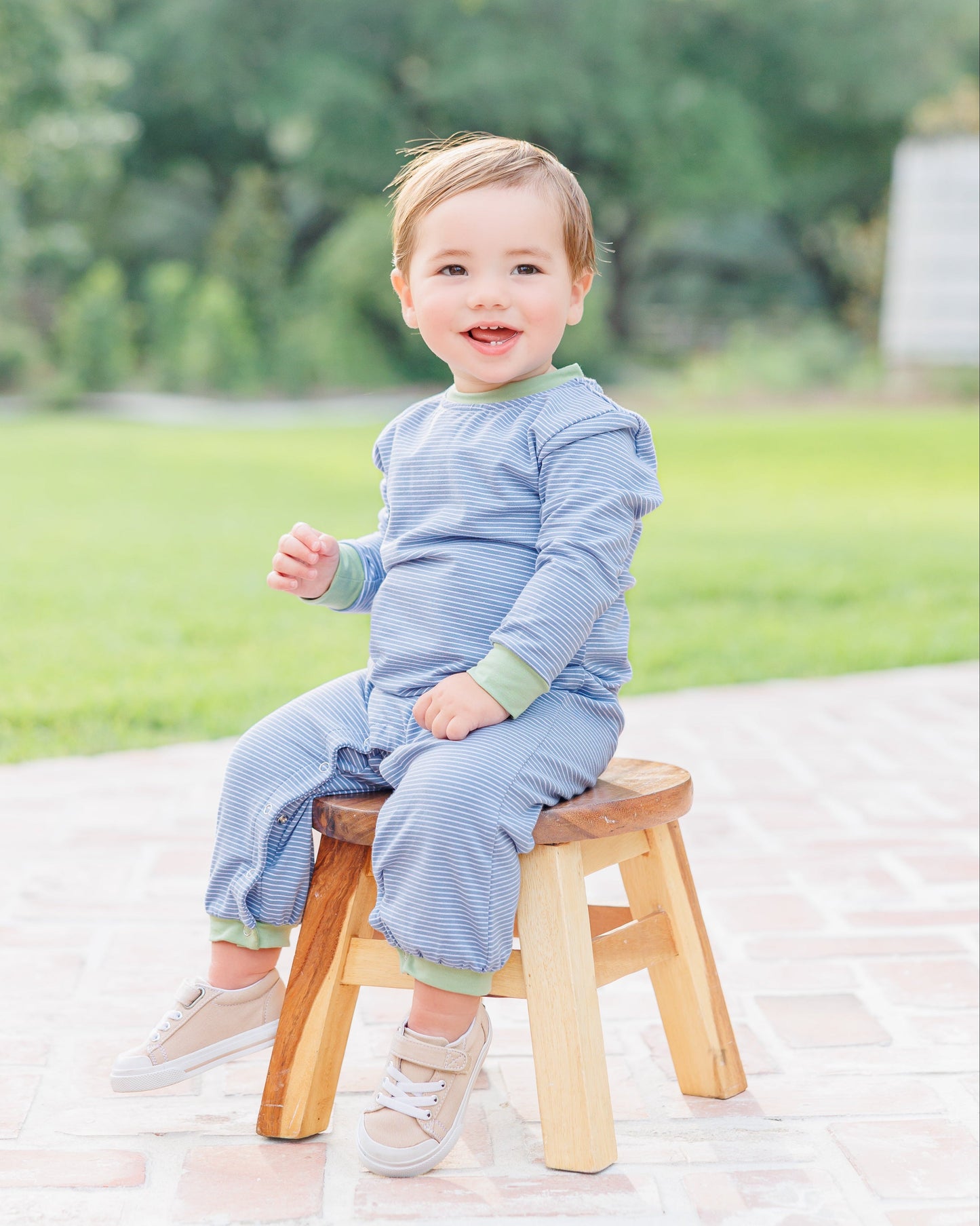 Thomas Romper - dusty blue stripe/sage