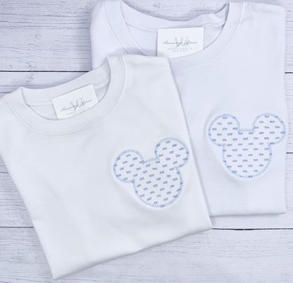 Mouse Head Blue Swiss Dot Appliqué Tee